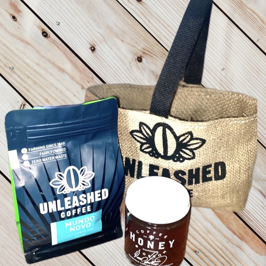 Unleashed Coffee: Coffee & Honey Gift Set Including Unleashed Coffee, Coffee Blossom Honey & Jute Bag