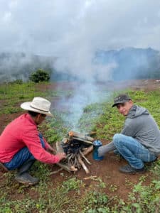 Mojito and Kennedy, Farmworkers at Finca Santa Marta Brewing Coffee on the Campfire