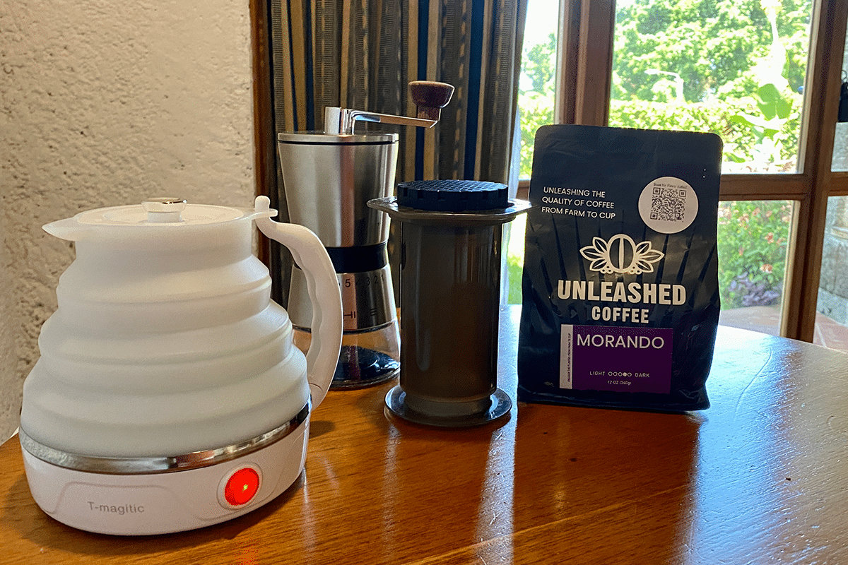 Unleashed Coffee Travel Kit Includes Unleashed Coffee, Coffee Grinder, Aeropress & Collapsible Kettle
