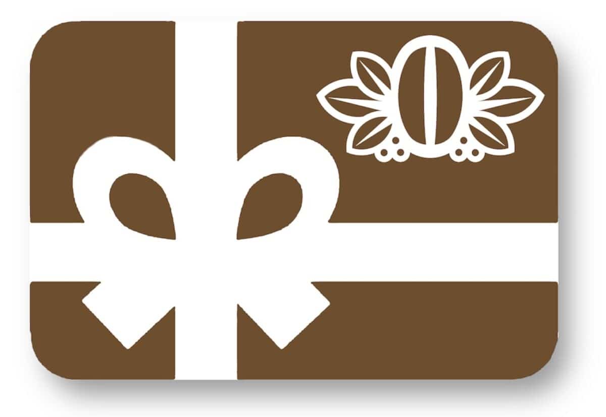 Brown gift card icon with white bow and logo